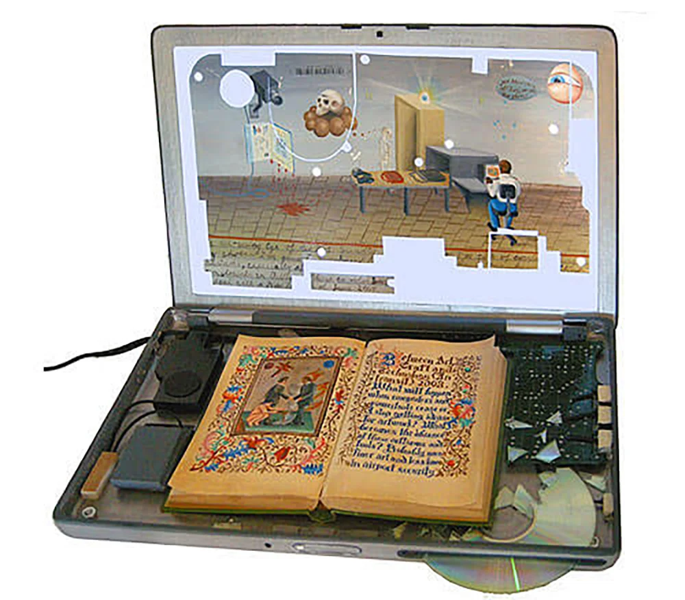   First Runner-up Award Winner  Matthew Couper,  Between art, craft and technology (in-Transit) , 2008, Oil and acrylic on wood, plastic, metal and found book; power illuminated panel, 220 x 370 x 360mm 