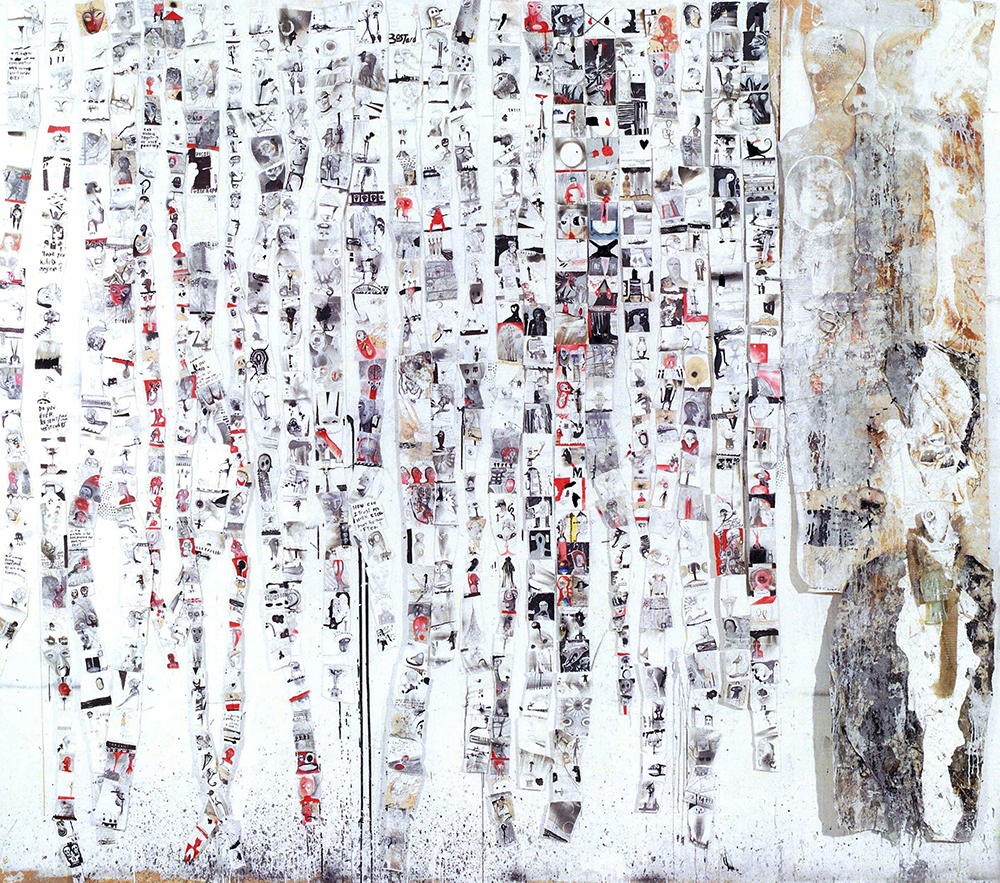   The Wallace Arts Trust Paramount Award Winner  James Robinson,  Taniwha/Dragon (Qi Gong Notes, Spirit Bones) , 2007, Mixed media on paper (sewn) and mixed media on canvas, 2500 x 3000mm 