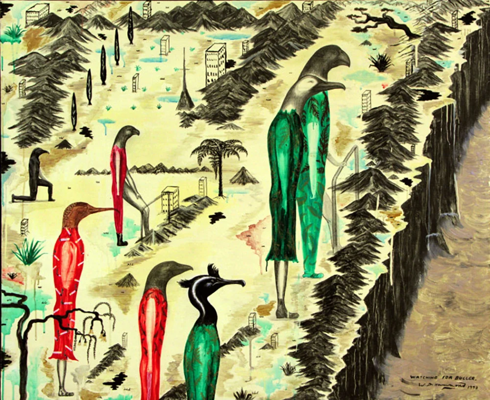   The Wallace Arts Trust Paramount Award Winner  Bill Hammond,  Watching for Buller,  1993, Oil on canvas, 1000 x 1200mm 