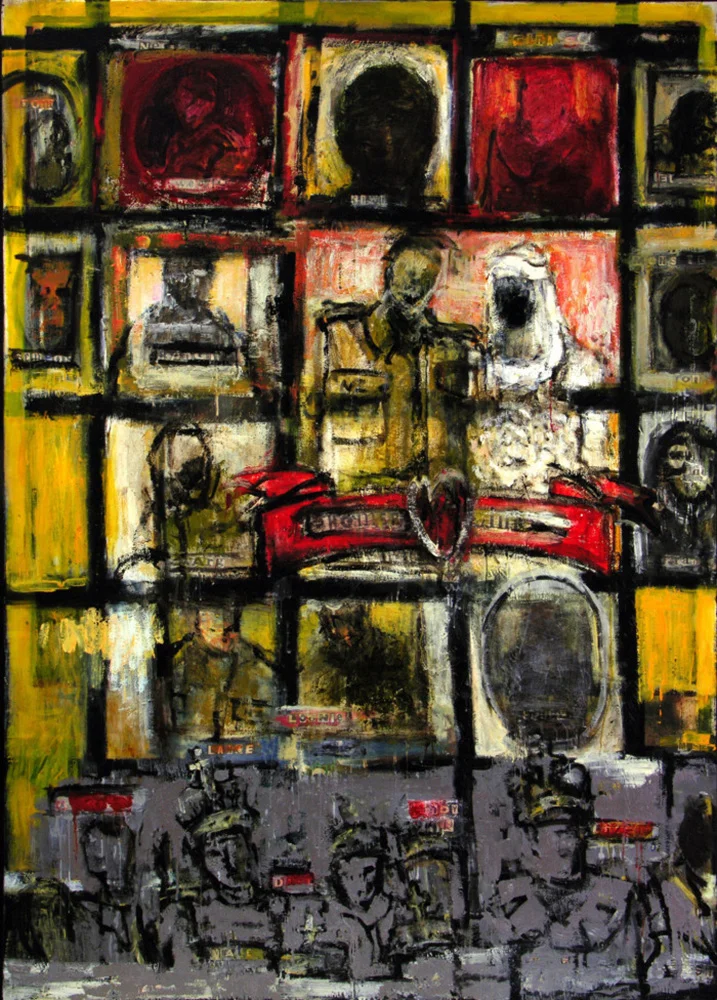   The Wallace Arts Trust Paramount Award Winner  Mark Braunias,  Roll-Call,  1992, Oil, wax, enamel on canvas, 1980 x 1390mm 