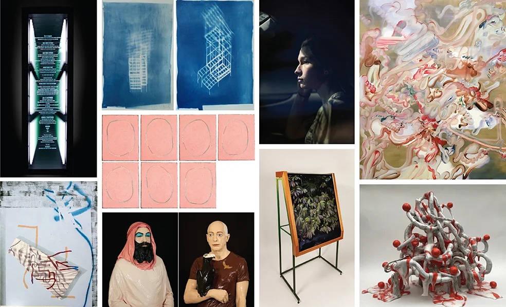 Image credits (Left to right, top to bottom): Robert Jahnke, Lamentation VI , 2019; Wendelien Bakker, House Plan: Blueprint of sun hitting from South West, Winter afternoon , 2019, and House Plan: Blueprint of sun hitting from North West, Early Winter afternoon , 2019; Christine Jeffs, Nichole , 2018; Grace Wright, New Rhapsody , 2019; Tira Walsh (Whakaari), Crimewave & Hustle , 2018; Campbell Patterson, sunburnt clocks , 2018; Julia Holden, Self Portrait (Mark and Paul Rayner) , 2019; Andrew Rankin, Parataniwha of Exhibition Drive , 2019; Andrea du Chatenier, Orange Blossom , 2019.