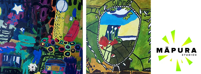 Ulalau Ama,  Village under the star , 2018; Madeleine Wilson,  Summer , 2018, Acrylic on canvas.