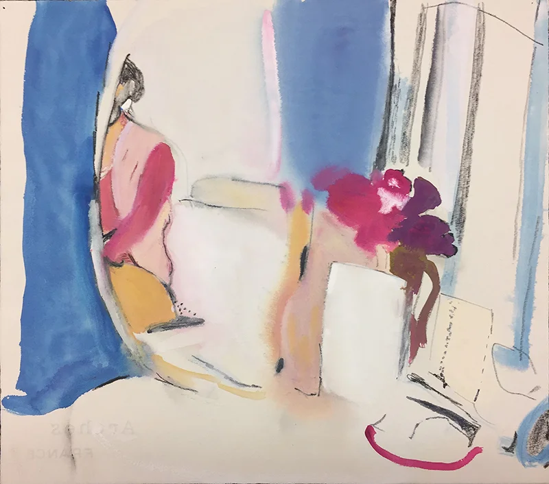 Image credit: Joanna Margaret Paul,  Untitled (Interior with flowers and figure),  c.1990, Watercolour and pencil on paper, 307 x 345mm, Wallace Arts Trust Collection.