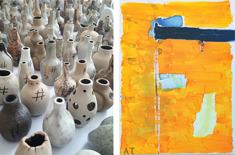 Left to right: Naomi Roche,  ‘Six hundred and Sixty Eight’,  2019, Stoneware ceramic, 210 x 2000 x 700mm; Anh Tran,  When Doves Cry,  2019, Oil, acrylic, and spray paint on canvas, 1450 x 1050mm.