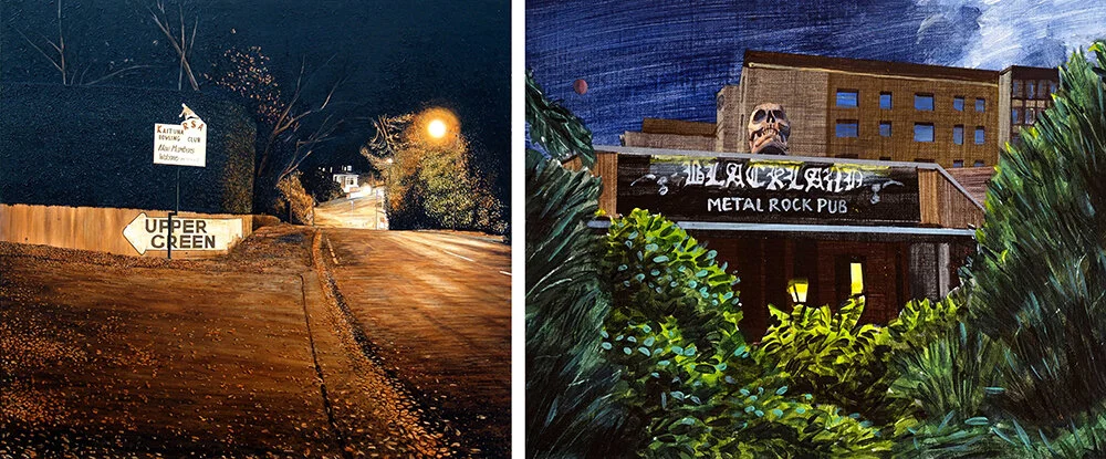 Sam Foley,  Maori Rd, Dunedin , 2004, oil on canvas, 1400 x 1250mm; Sam Foley,  Berlin Rock Bar , 2018, oil on canvas, 250 x 180mm. Images courtesy of the artist.