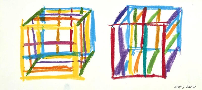 Image: Michael Smither, ‘Harmonic Cubes Y-G-B &amp; R-V-B’, 2010, Oil pastel on paper.