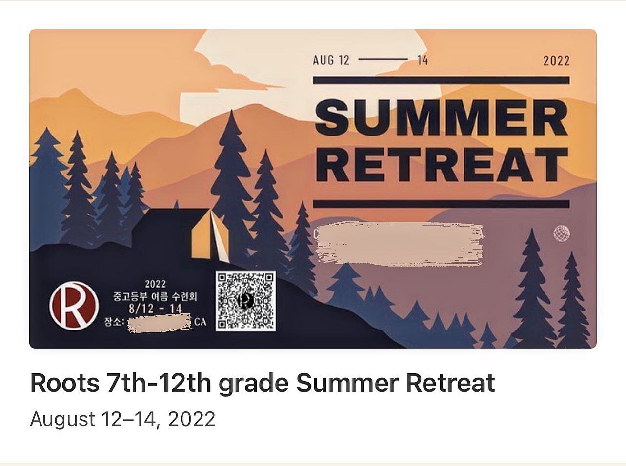 ** Roots Ministry 7th - 12th Graders Youth Summer Retreat **

Sign up via Church Center app or contact Pastor Kevin Ra of Roots Ministry at kevinra98@hotmail.com