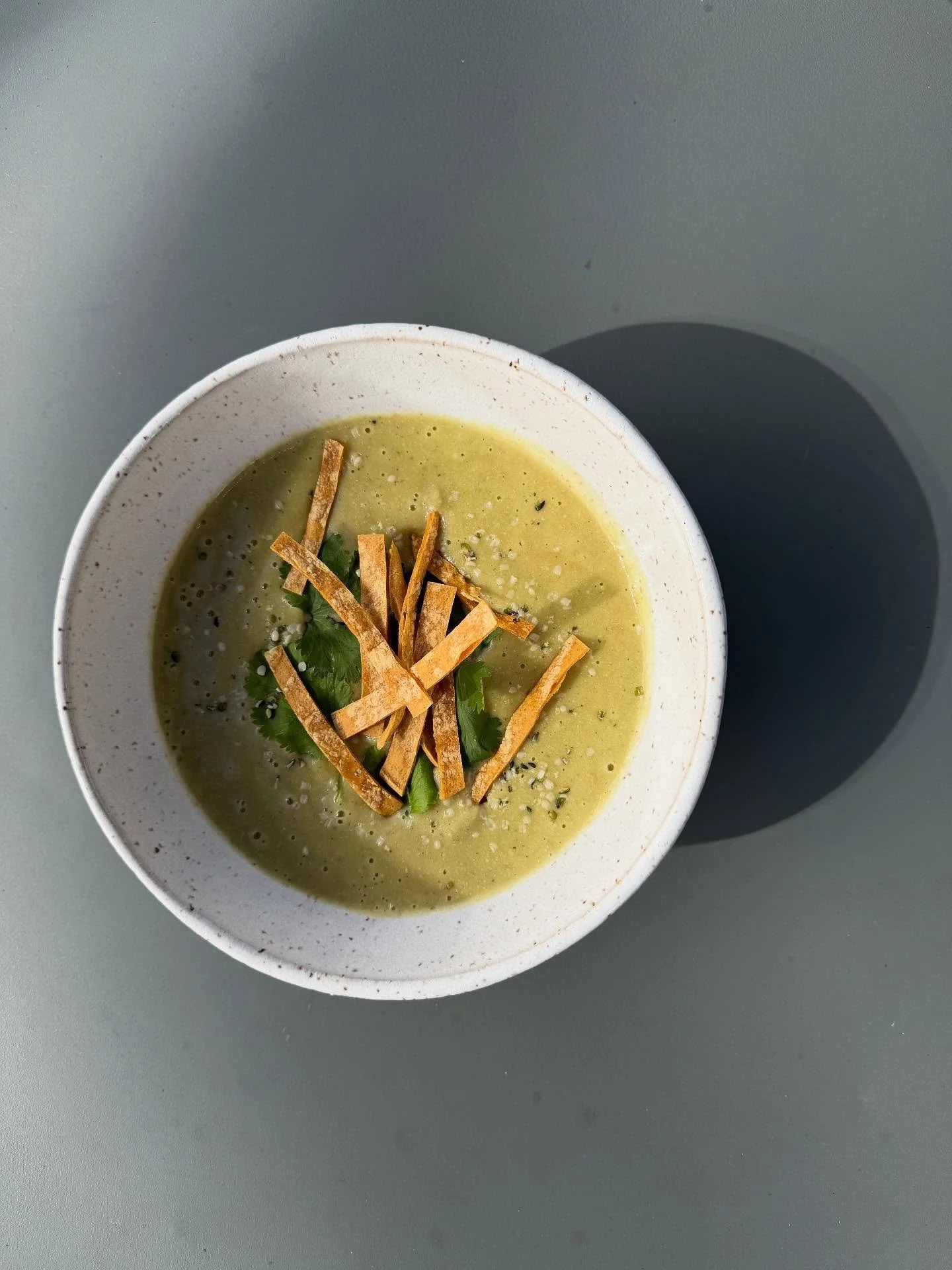 Roasted Poblano soup all week. We blended white beans, pumpkin and hemp seeds, mexican oregano and cilantro ~ a available for chilled too to take home for dinner. Photo by Amber Martin