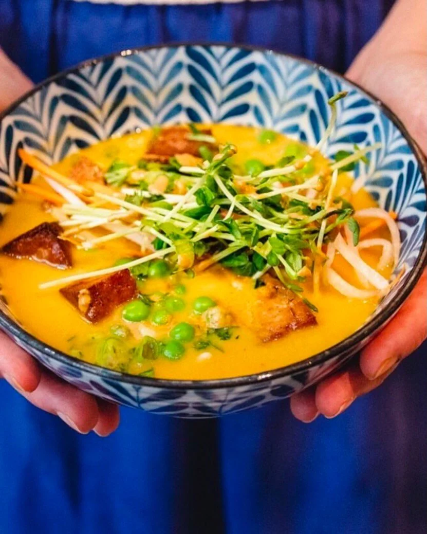 Cold weather is rolling in for the next week~ we are making Coconut Chickpea Curry to have ready for the next few days.  A warming organic soup filled with chickpeas, haricort verts, collard greens and cilantro.