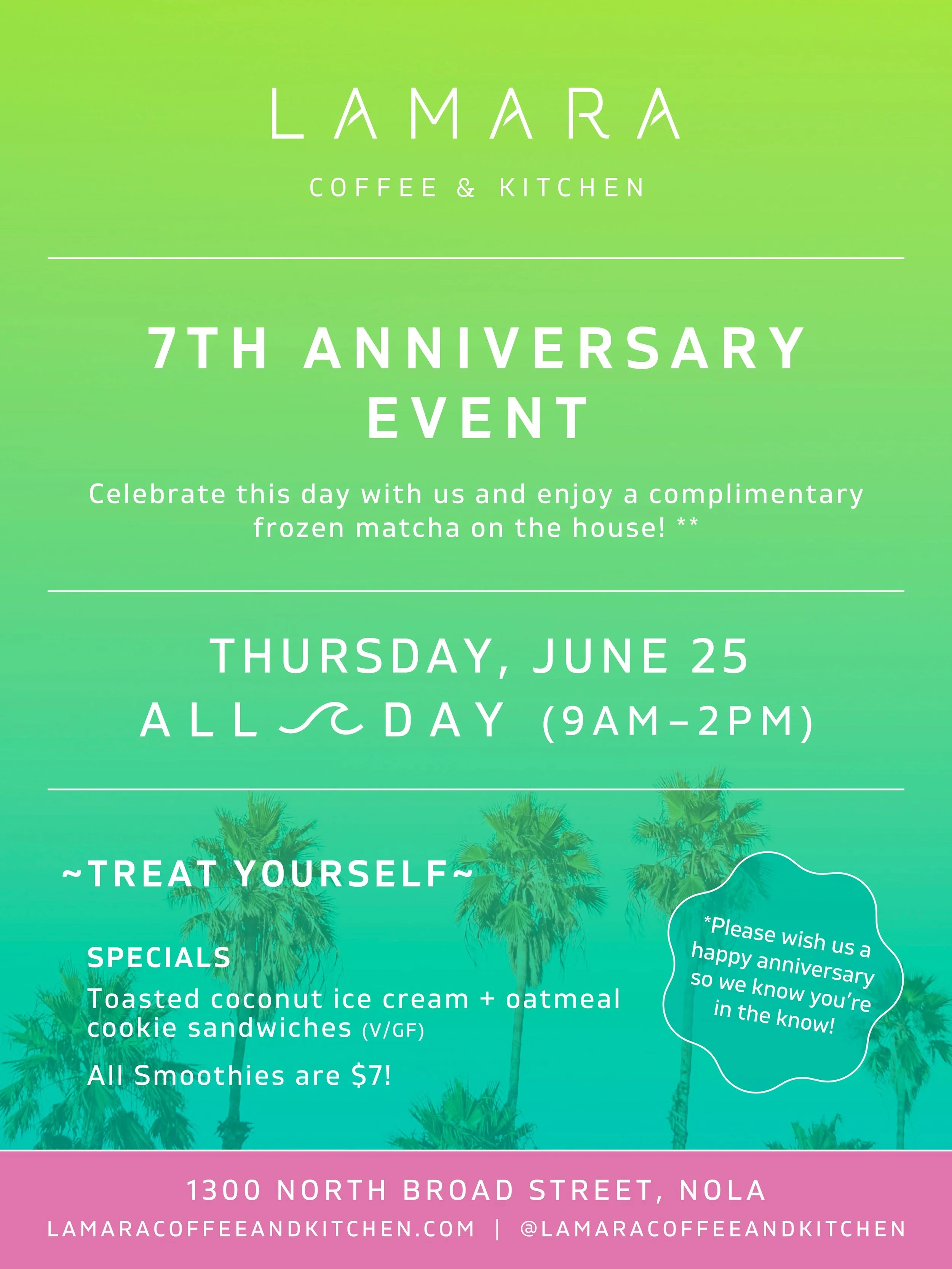 due to the expected heavy rain, we are moving our event to next Thursday, June 25th. Temps are expected to be extra hot so perfect for a frozen matcha!