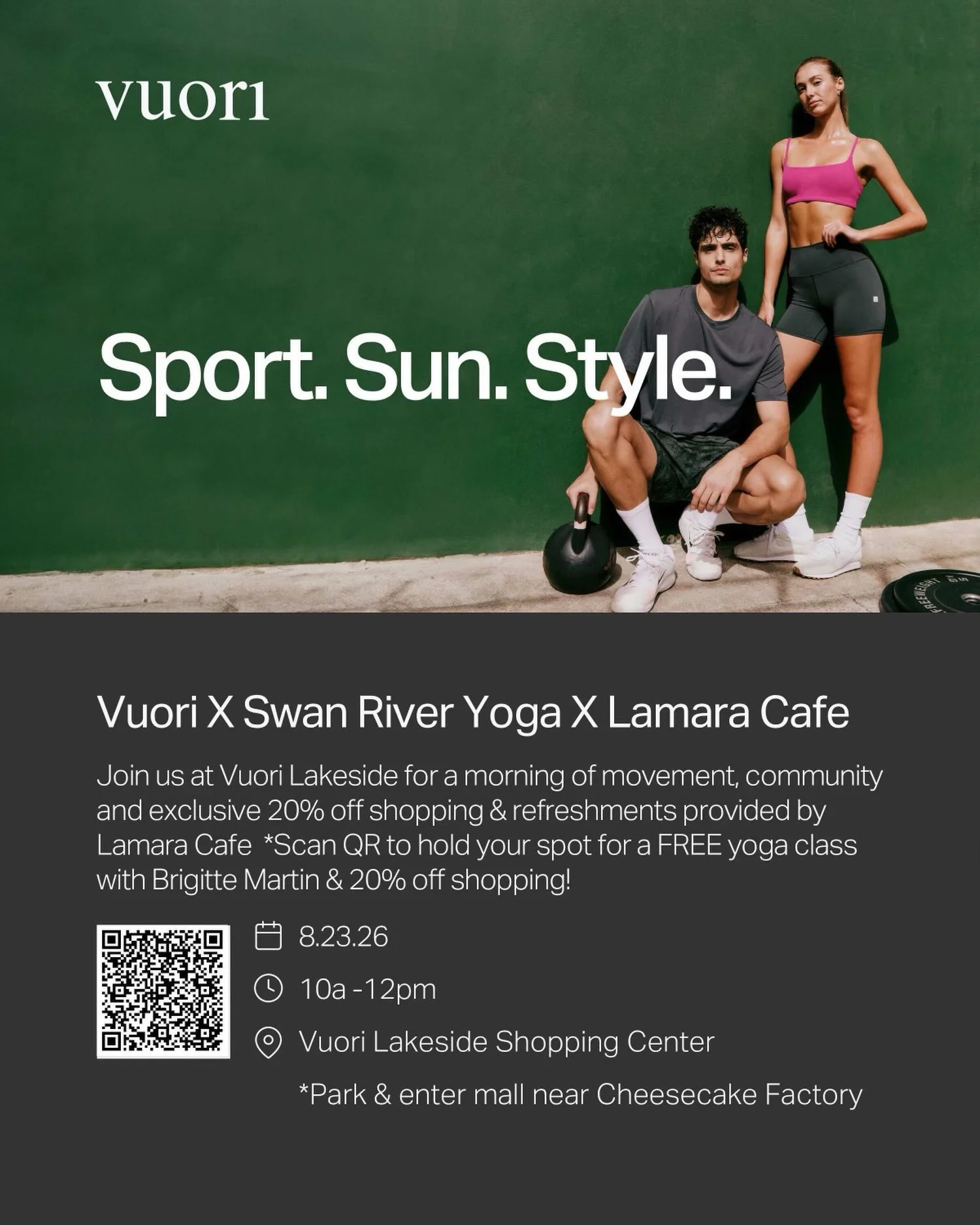 This Sunday we will be popping up w our Matcha Bar inside Vuori, post yoga w Brigette Martin of Swan River. Space is limited ~ save your spot! Let&rsquo;s all meet up at the Mall