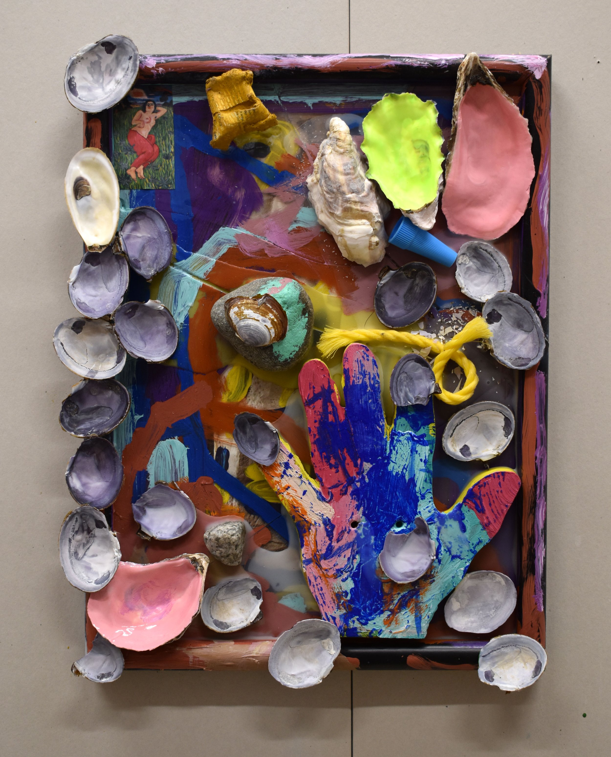 Cost of sleeping, 12 x 14, acrylic, oil, flashe, nail polish, glue, clam shells, oyster shells, wax, ink, paper, glass, rock, 2022