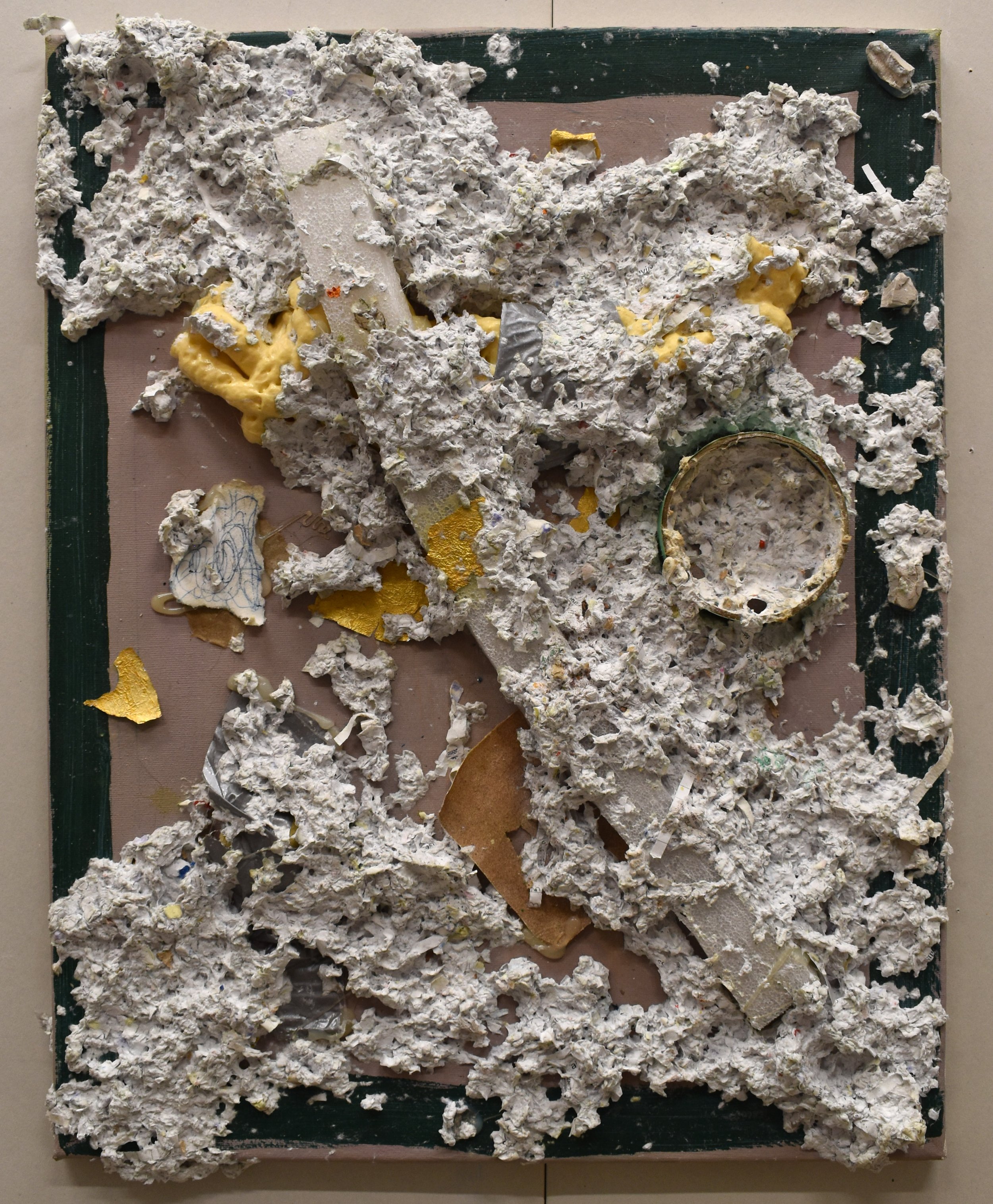 Academic regurgitation, 20 x 16, acrylic, paper, gold foil, cardboard, paper mache, 2014 - 2022 