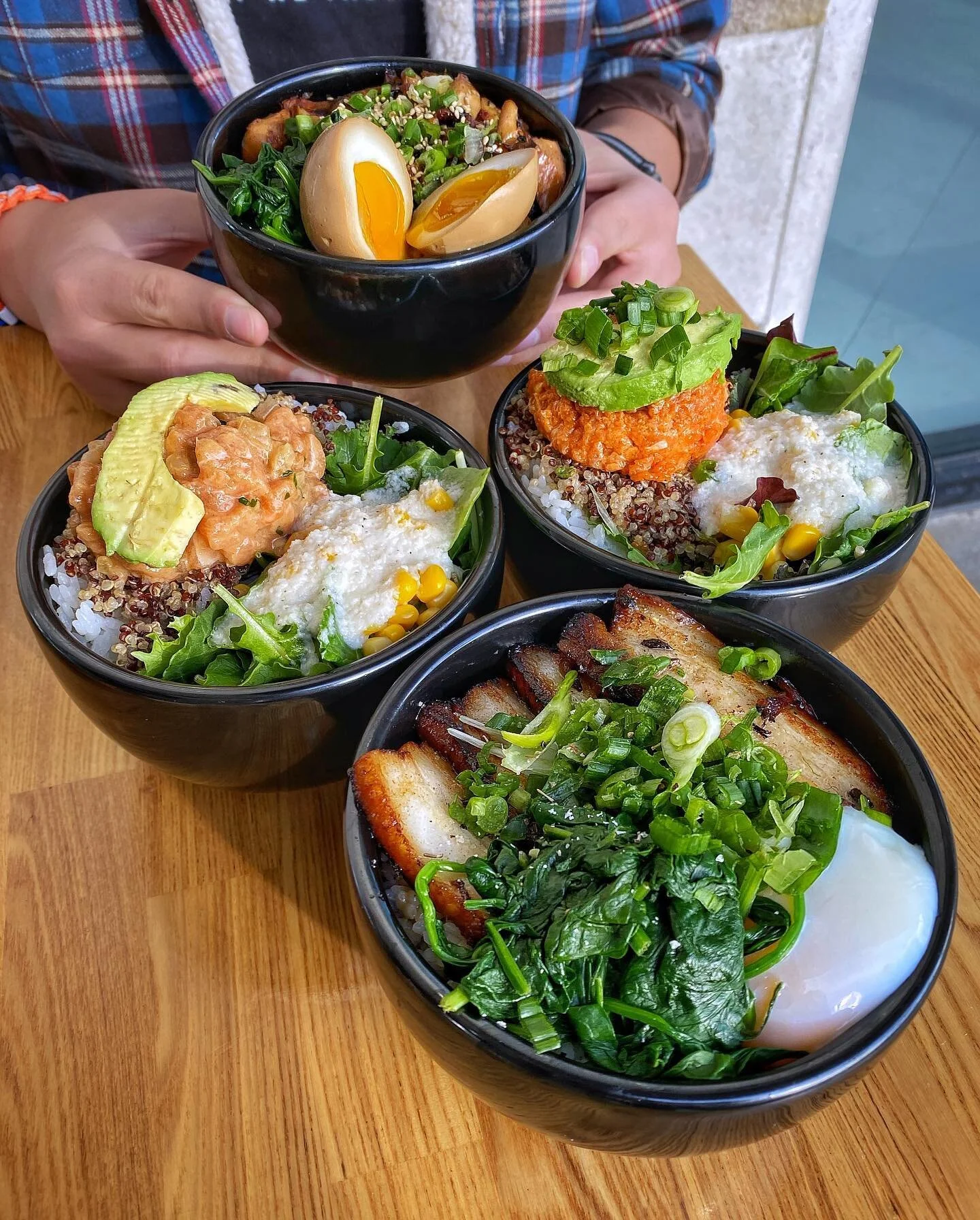 Chicken, Salmon Poke, Spicy Tuna and our Pork Rice Bowl 🔥🍚😋 Which Rice Bowl are you planning on having this weekend❓ #hironoriramen

🐔 Chicken thigh, soft boiled egg, green onion, rice. 

🐟 Marinated salmon, baby kale, quinoa, avocado, rice.

🔥