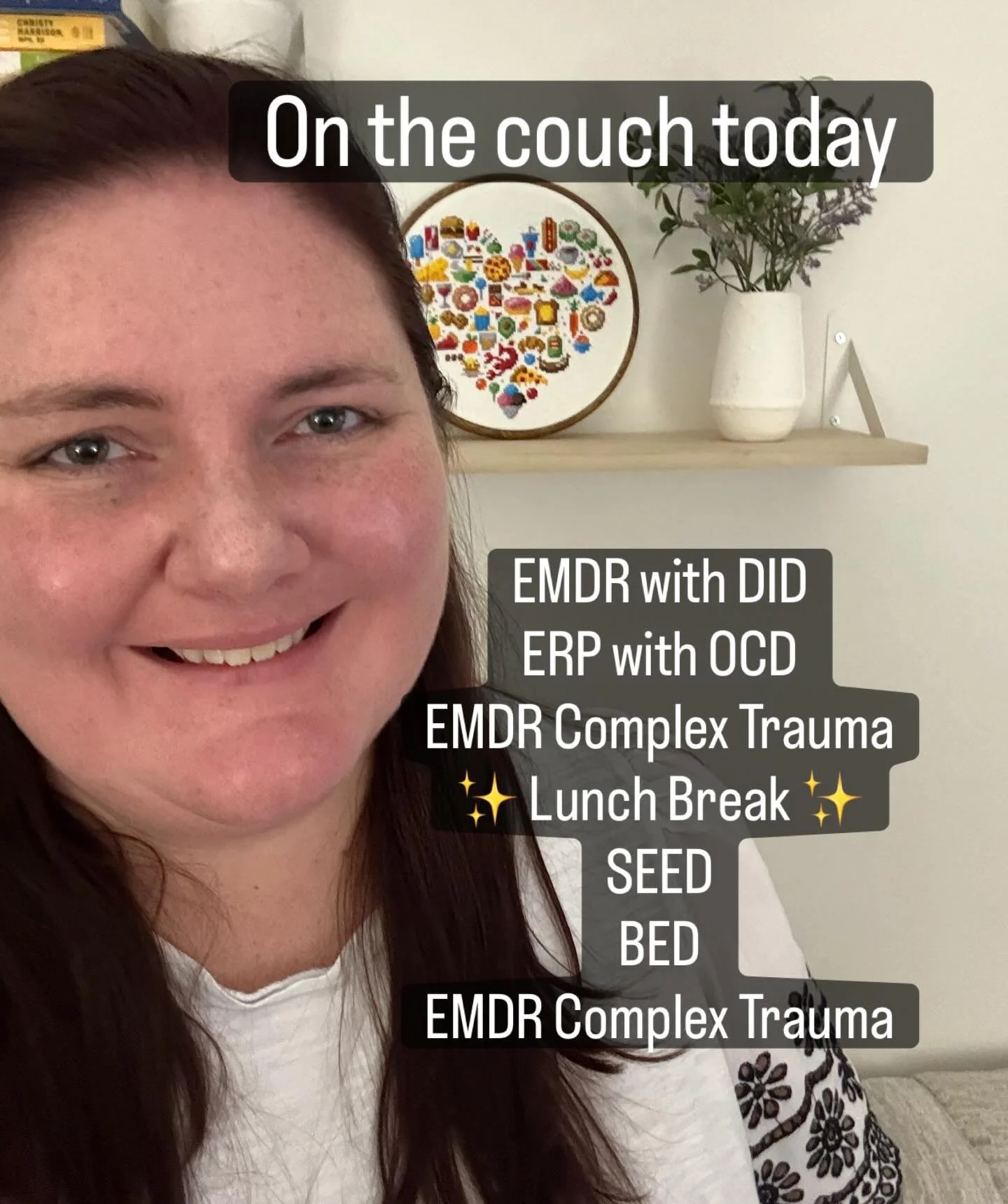 Here&rsquo;s what&rsquo;s on the couch today in the style of @bravehavencounseling !

Today is a full day of a variety of topics and interventions! I love working with all my clients on their different goals and also enjoy the variety of presentation