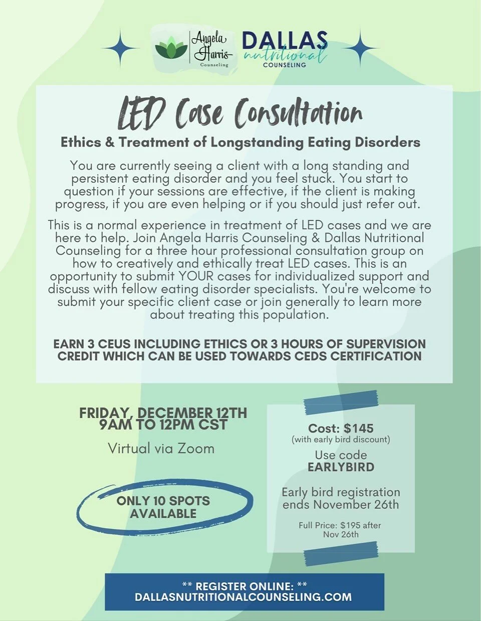 Casey Bonano @dallasnutritionalcounseling and I are excited to share that we are providing a&nbsp;Longstanding Eating Disorder Case Consultation Group on the morning Friday, December 12th via Zoom.&nbsp;

This three hour professional consultation gro
