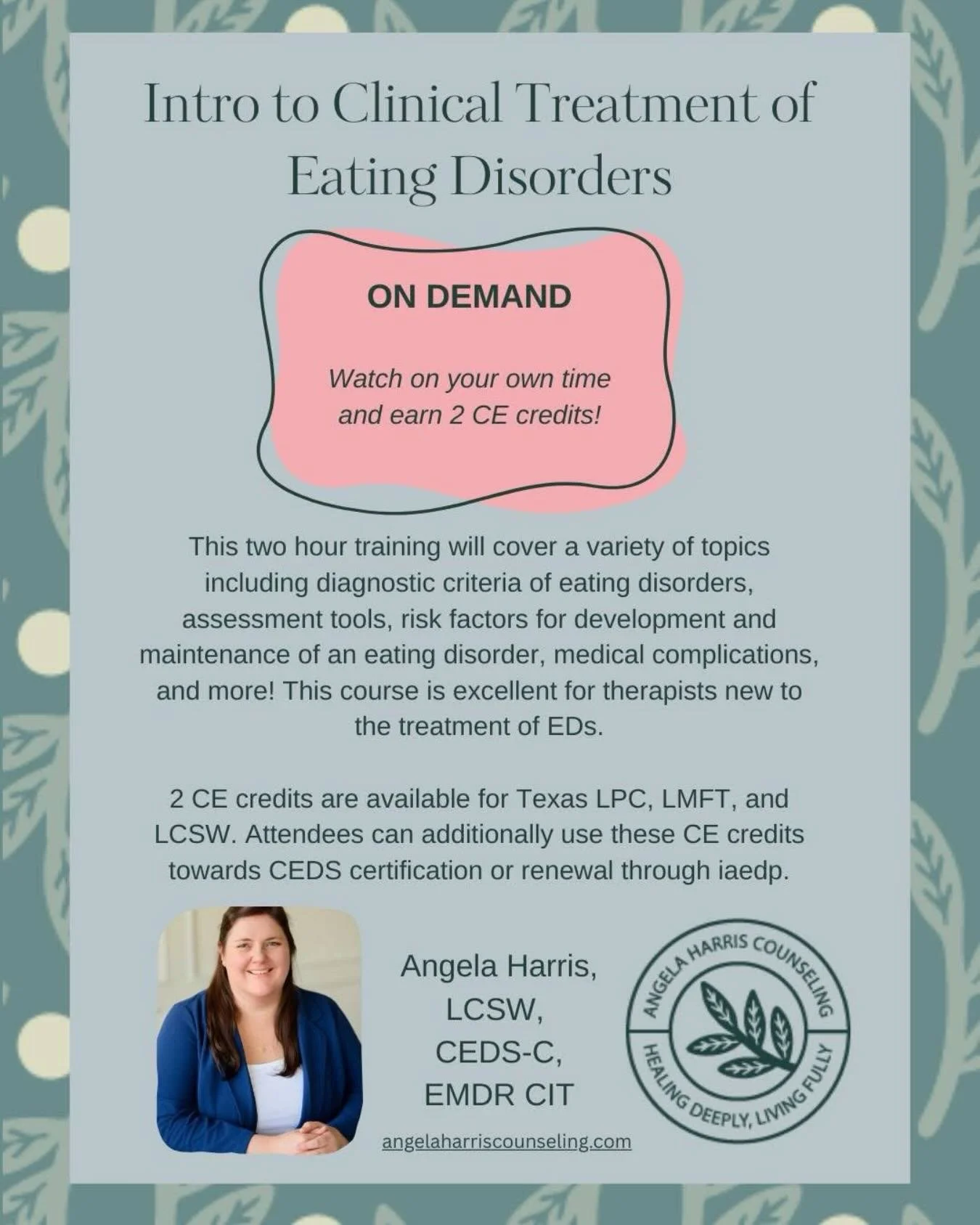 I had a great time teaching Introduction to Clinical Treatment of Eating Disorders in February! We had a great discussion on health at every size approaches (including why the BMI is BS!),&nbsp;the anti-diet framework, medical complications of eating