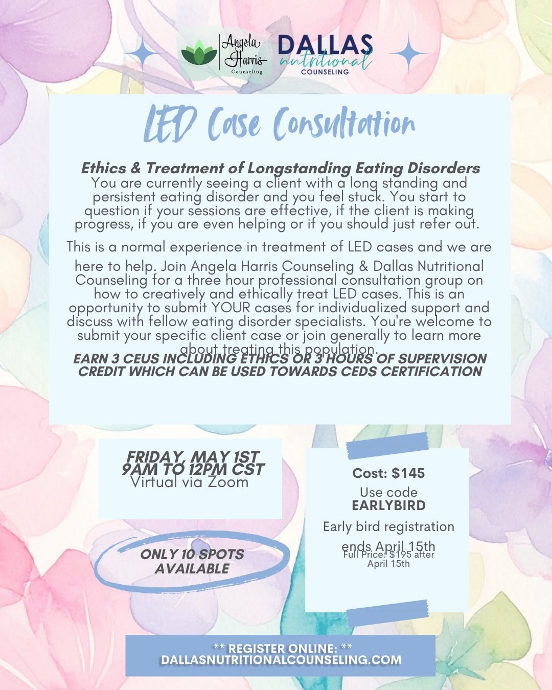 @dallasnutritionalcounseling and I are excited to share we are providing a&nbsp;Longstanding Eating Disorder Case Consultation Group on Friday, May 1st from 9 am - 12 pm CT via Zoom!

This three hour professional consultation group will focus specifi