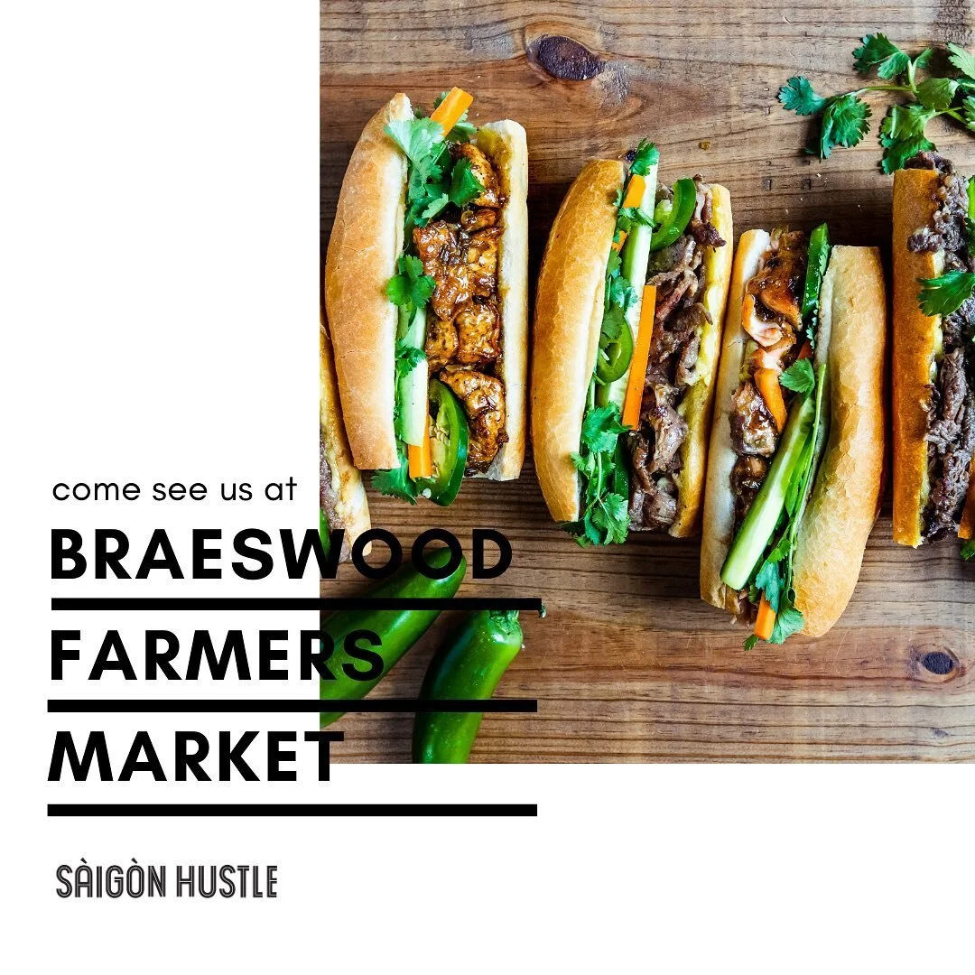 Saigon Hustle will be at the Braeswood Farmers Market TOMORROW from 9AM-1PM! Located at 8620 Stella Link Rd Houston, TX 77025. Come hungry for all your favorite Banh Mi, Vermicelli Bowl, Drinks, and prepackaged goods! See you there!
 
 
 #houstontx #