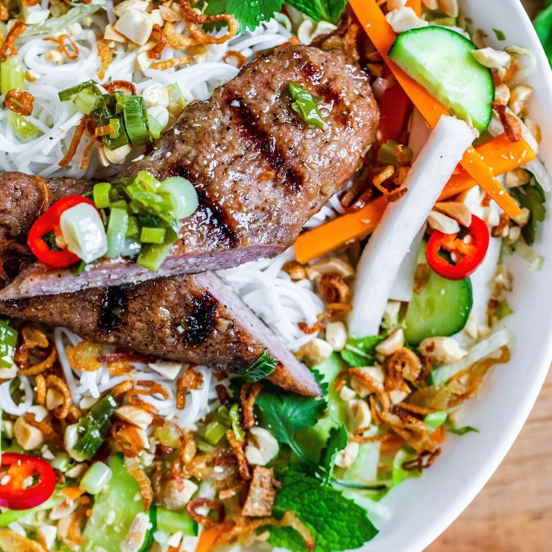 Vermicelli, Vermicelli, VERMICELLI! The Vietnamese take on pasta! Today I choose Pork Sausage on a bed of Vermicelli noodles, lettuce, cilantro, mint, pickled carrots &amp; daikon, cucumber, bean sprouts, and topped with green scallion oil, peanuts, 
