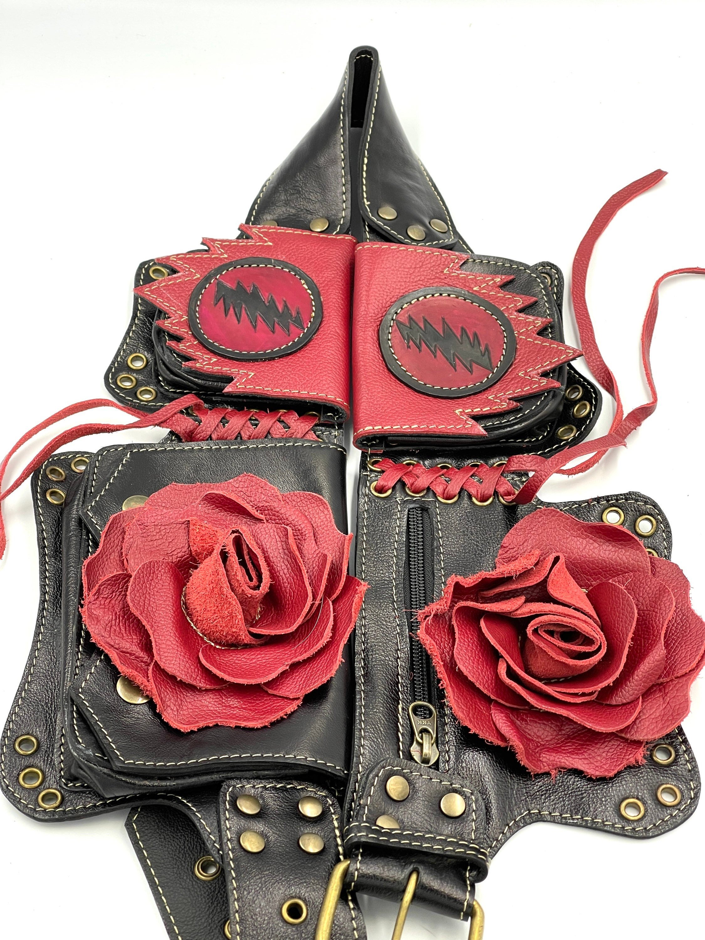 Red and Black Leather Rose Fanny Pack / Hip Belt/ Pocket Belt