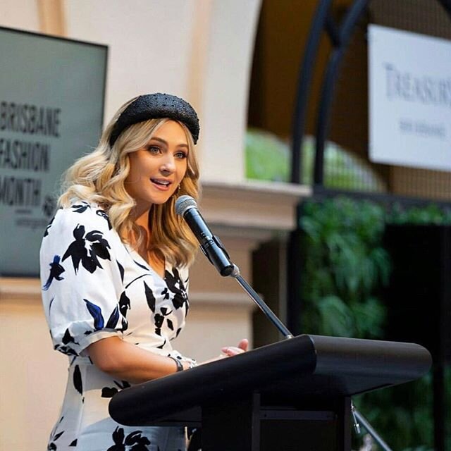 @kendallgilding from our media partner @channel7queensland is MC with the most ✨ Here at @treasurybrisbane for our high tea with @moetchandon. Kendall wears @wintergardenbrisbane and @felicityboevink .
.
.
#bfm #brisbanedesigners #brisbanerunway #thi