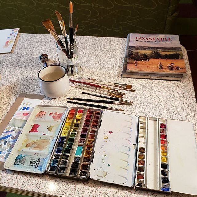 Susan Maakestad is all set up on her dining room table while she waits out the mandatory stay at home policy.  She is interpreting Constable&rsquo;s landscape paintings in watercolor and gouache.  Looking at, interpreting, and copying  great painting