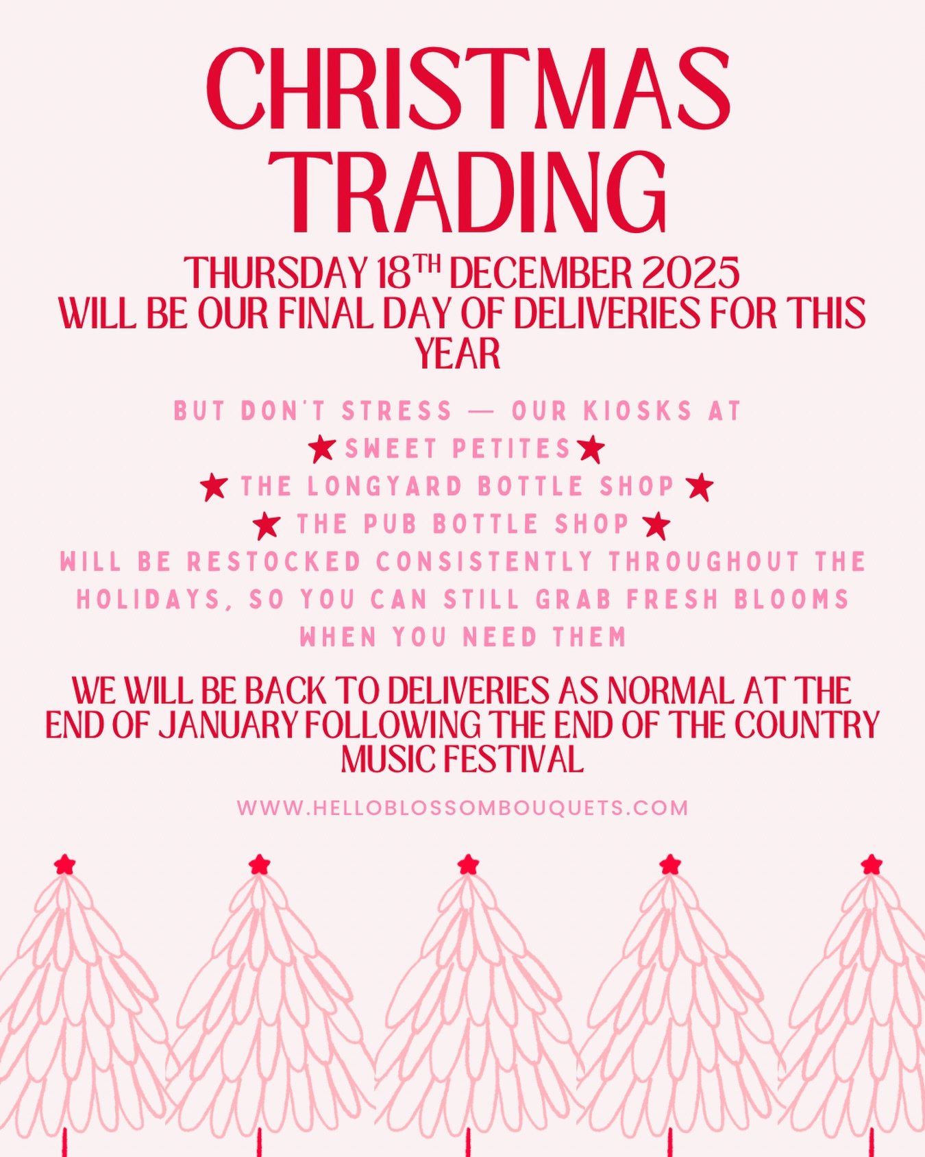 C H R I S T M A S. 
T R A D I N G. 

✨ Thursday 18th December is our final delivery day for the year.
So if you want flowers, hampers, or a special gift sent by us &mdash; orders need to be in before Thursday or she ain&rsquo;t making the delivery ru