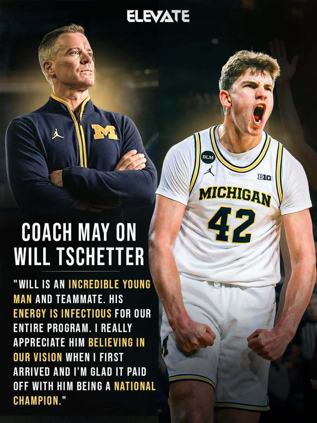 2026 NCAA National Championship Head Coach Dusty May of University of Michigan on Will Tschetter.
