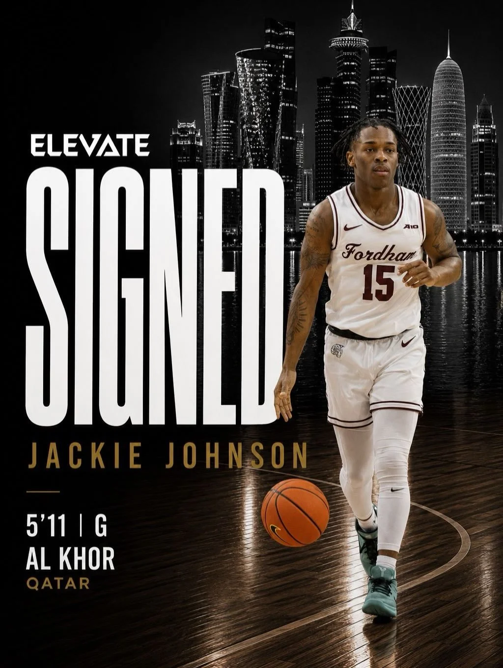 JACKIE JOHNSON III | AL KHOR SC @qatarbf 

Jackie Johnson III is bringing his elite scoring to Qatar. He signed with Al Khor SC for the 2026-27 season after a senior year at Fordham that saw him lead the entire Atlantic 10 in scoring, a run that earn