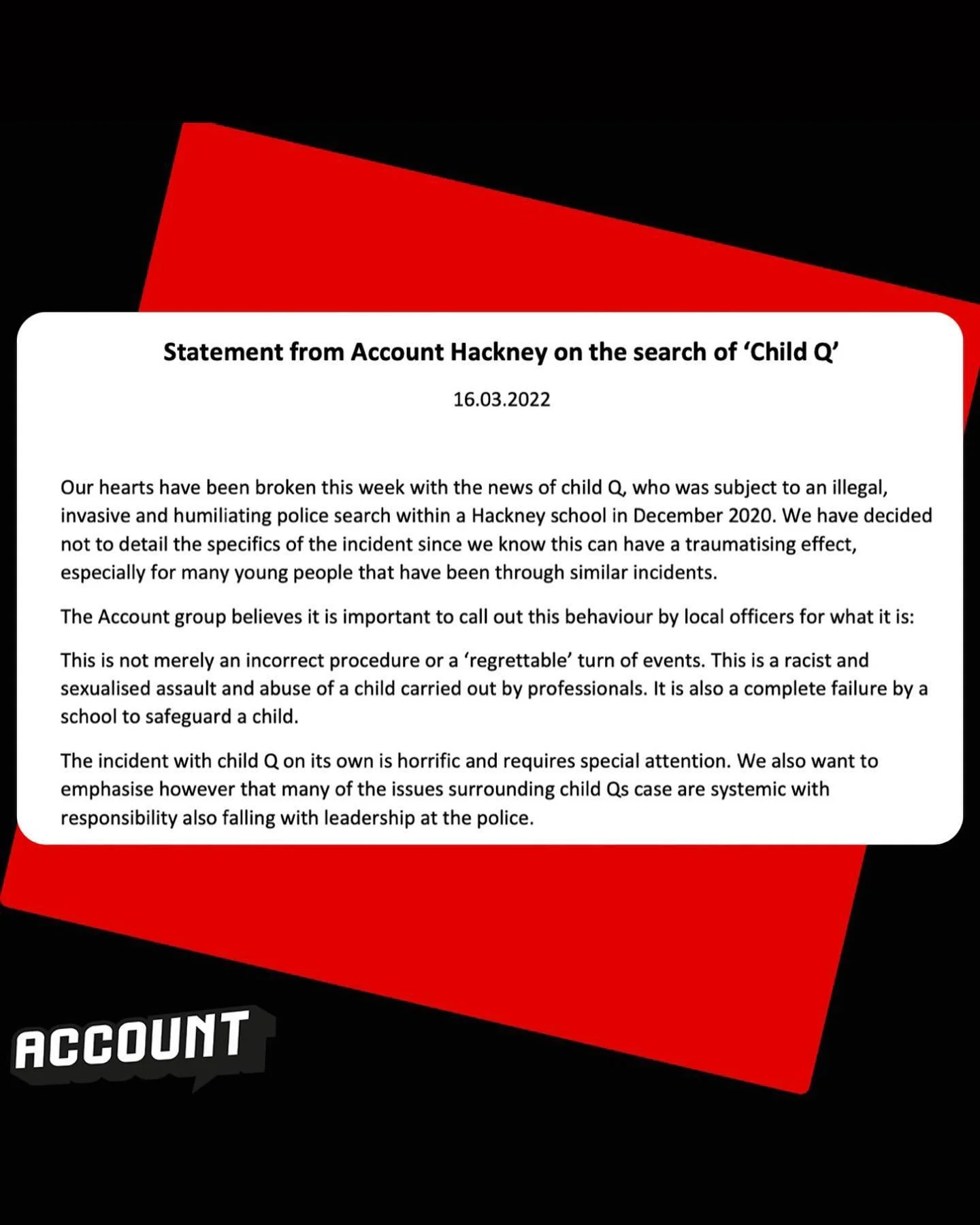 Our statement on the brutal search of ‘Child Q’