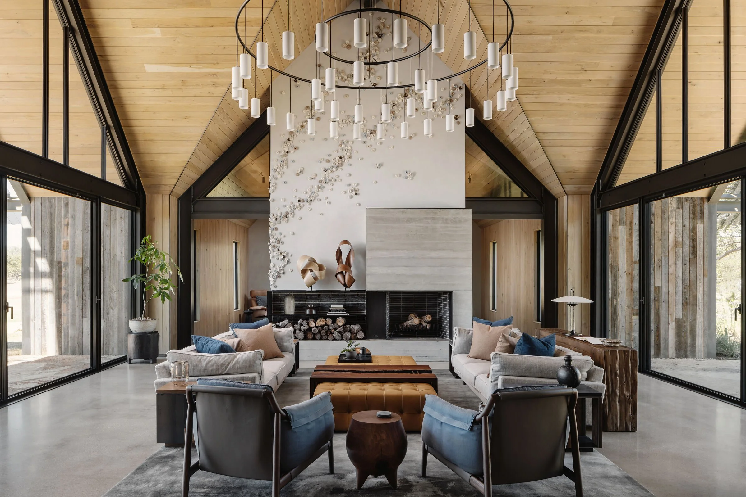  Contemporary sophisticated minimalist residential house interior lounge with natural stone and wood 