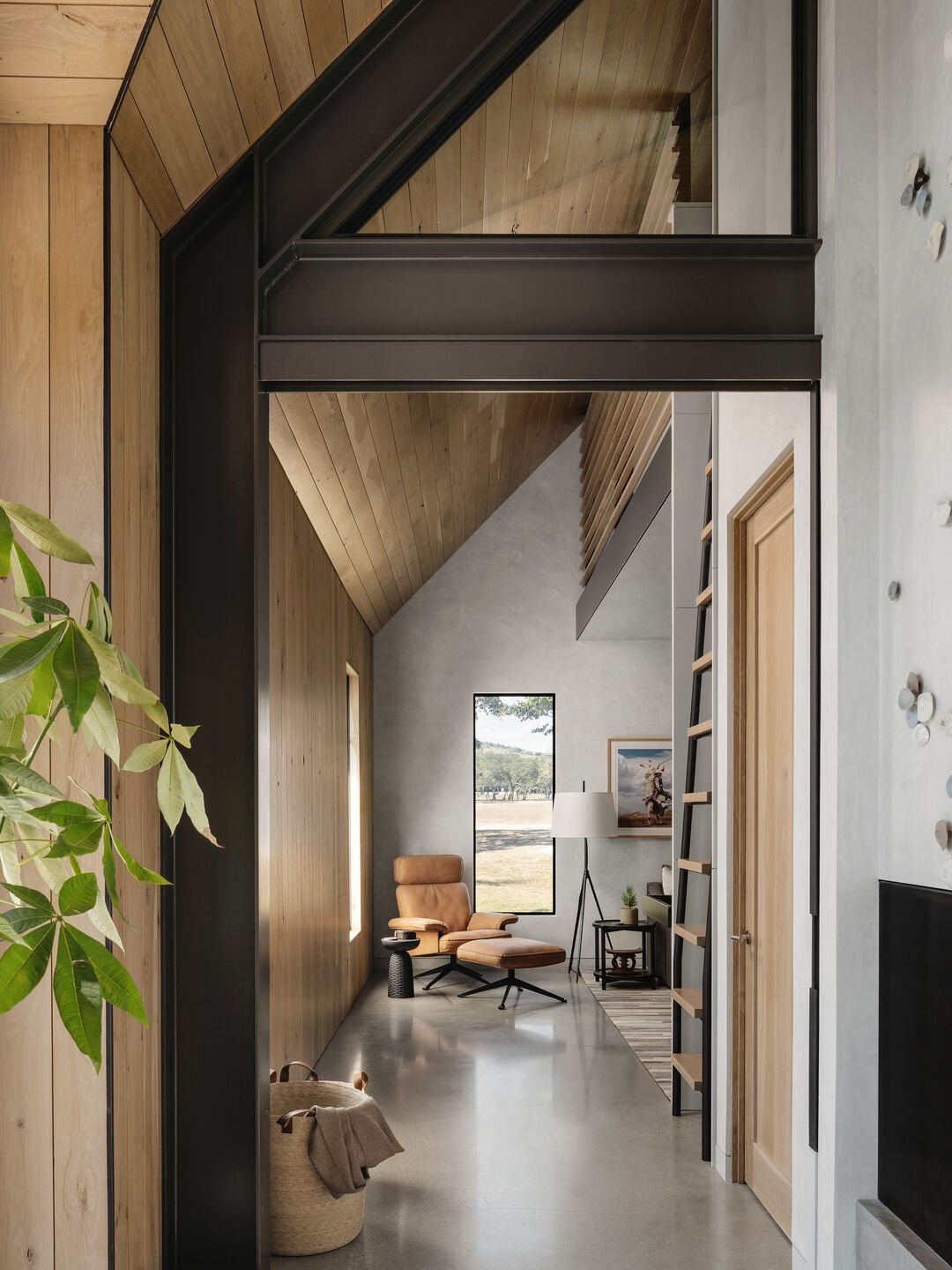  Contemporary sophisticated minimalist residential house interior corridor with natural stone and wood 