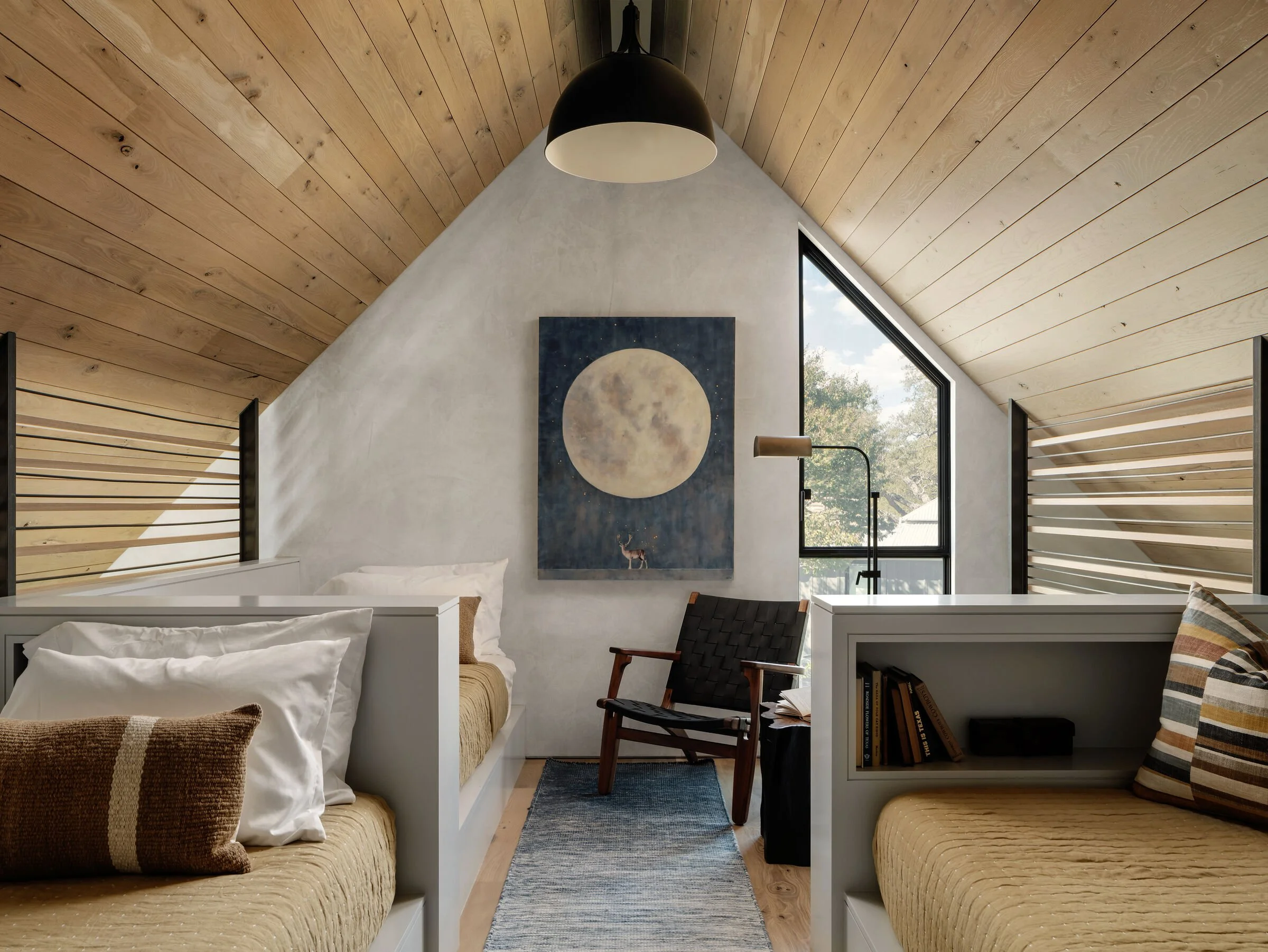  Contemporary sophisticated minimalist residential house interior bedroom with natural stone and wood 