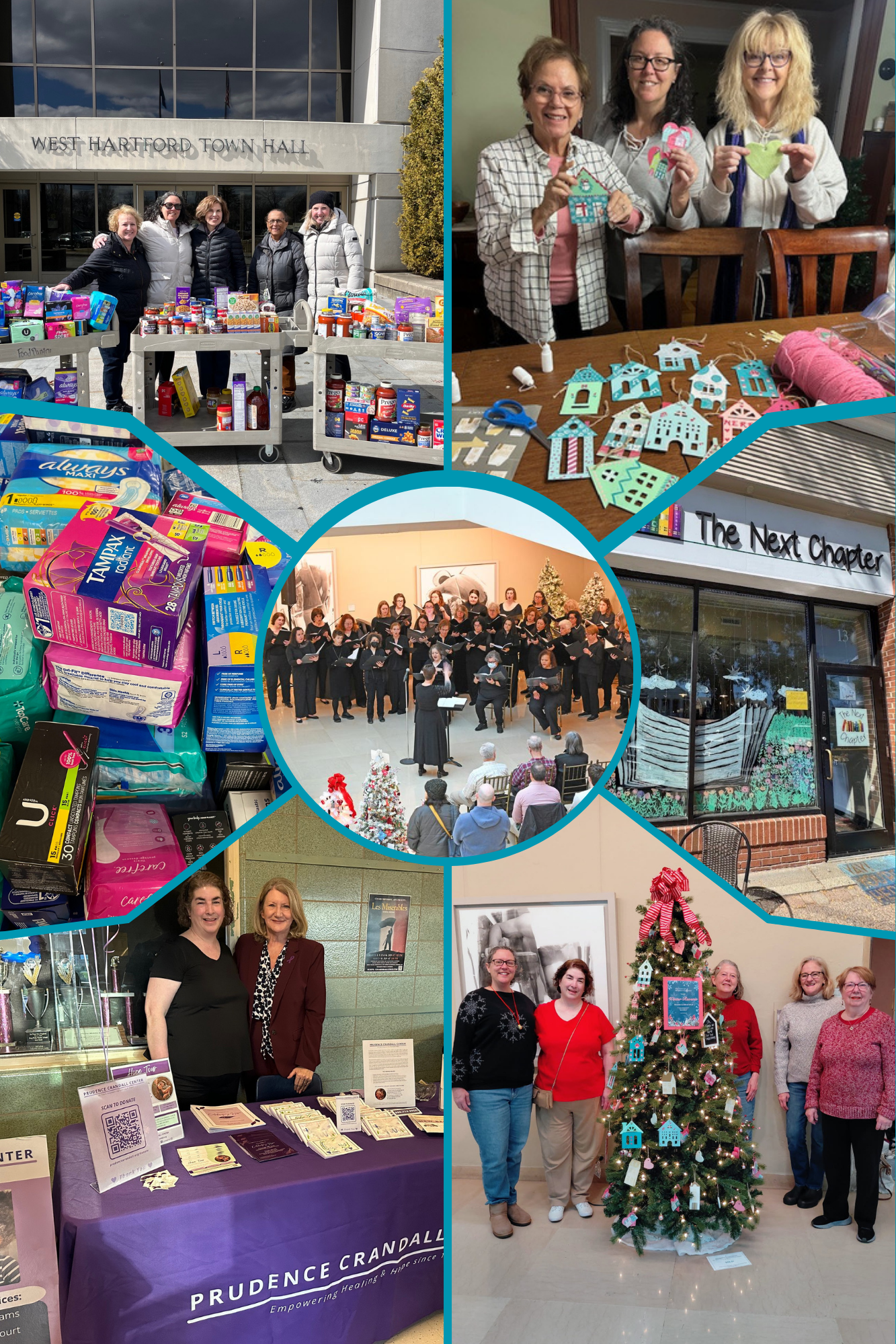 A collage of 7 images showing members of the chorale in the community, donating food and feminine products, performing with christmas trees, and posing at a table with a representative from Prudence Crandall Center