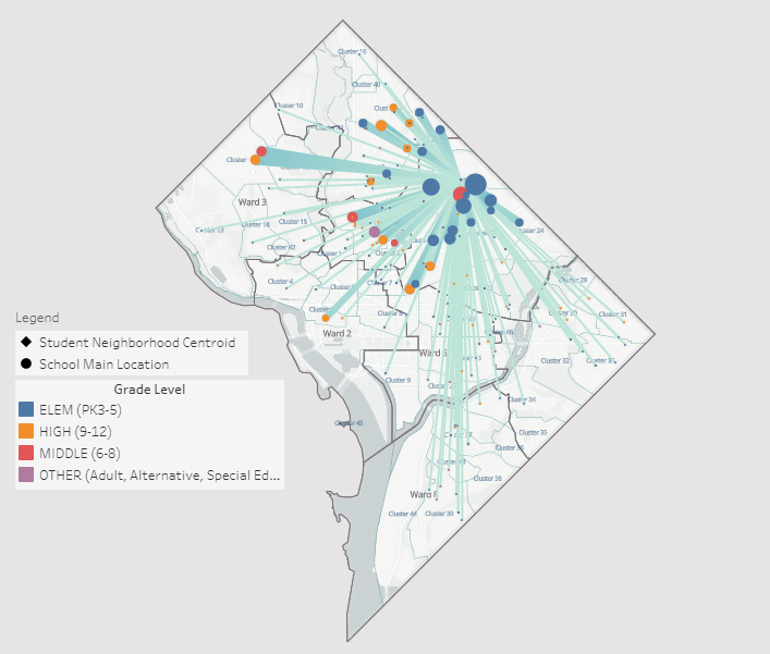 This map shows where the children in one neighborhood in Northeast DC have to travel to get to their school. (Credit: Office of the Deputy Mayor for Education )