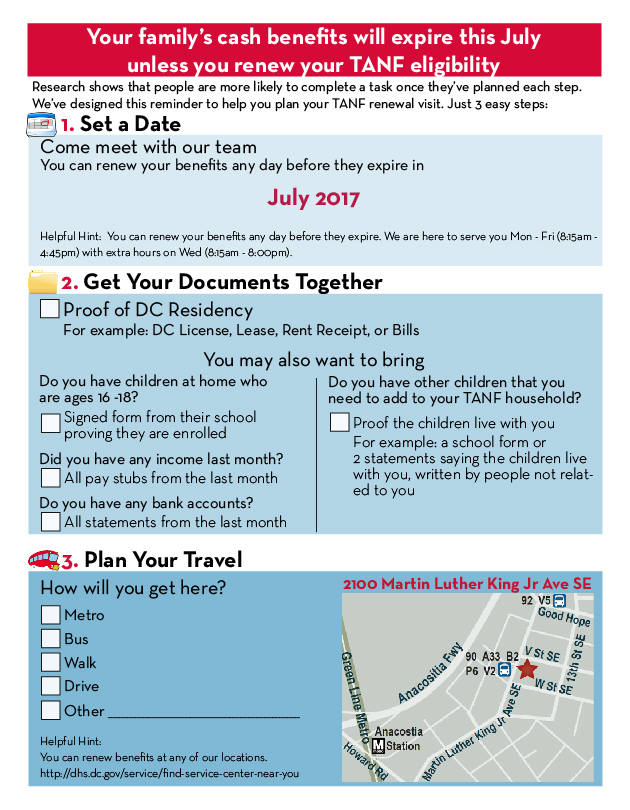 The reminder letter ("pick-your-own-date" version) that helped 14 percent more TANF customers keep their benefits.
