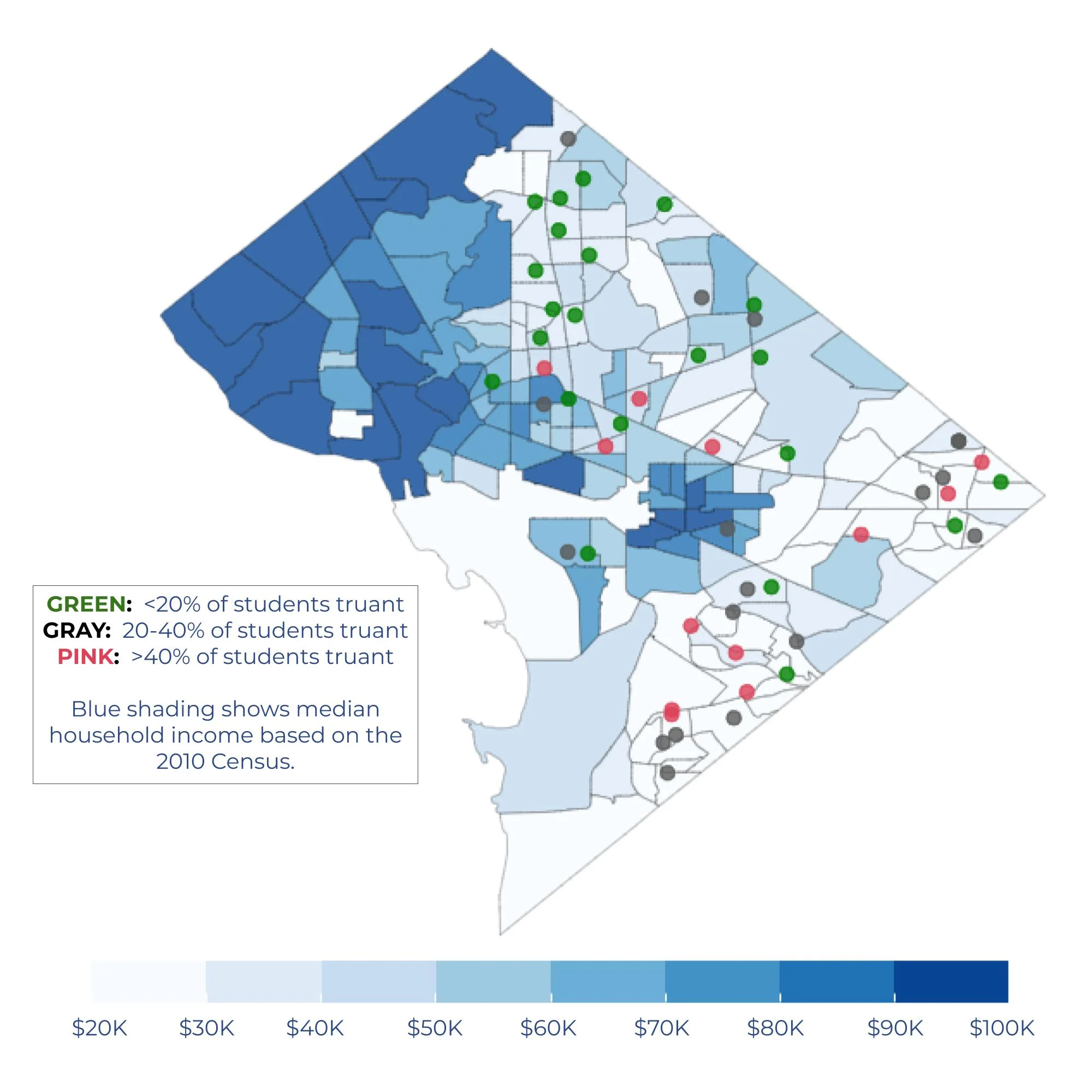 A map of DC shows truancy rates alongside local demographics for schools in Show Up, Stand Out during the 2016-2017 school year. (Credit: The Lab @ DC)