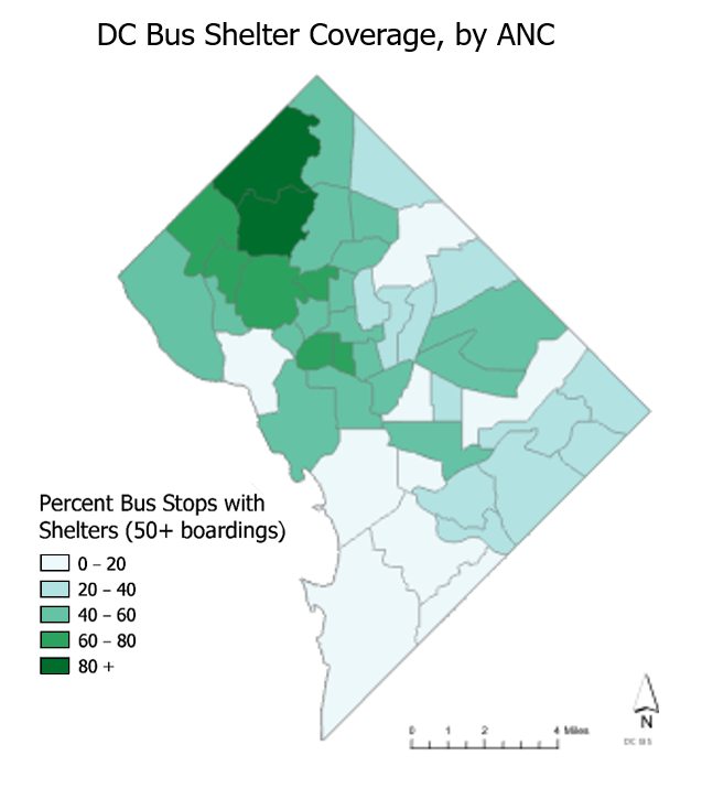 A map of Washington, DC shaded by the percentage of bus stops with 50 or more boardings with shelters in each ANC. The highest coverage is concentrated in upper northwest with more than 80 percent coverage.