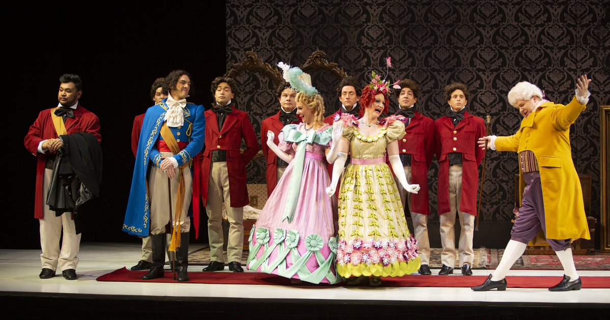   La Cenerentola | Vancouver Opera 2019   Charles Sy (Prince Ramiro) | Daniel Thielmann (Dandini) | Gena van Oosten (Tisbe) | Nicole Joanne Brooks (Clorinda) | Peter McGillivray (Don Magnifico) | Vancouver Opera Chorus   Photo: Tim Matheson  