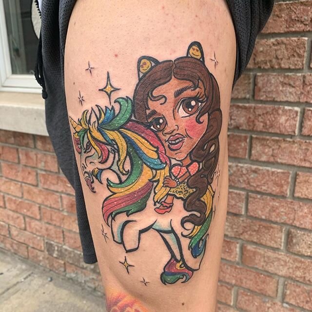 Fun one ! A little out of my usual style but it was cool to make my clients daughter into a caricature riding a mean unicorn! Really can&rsquo;t wait to get back to tattooing ! I&rsquo;m still booking appointments while we&rsquo;re closed so feel fre