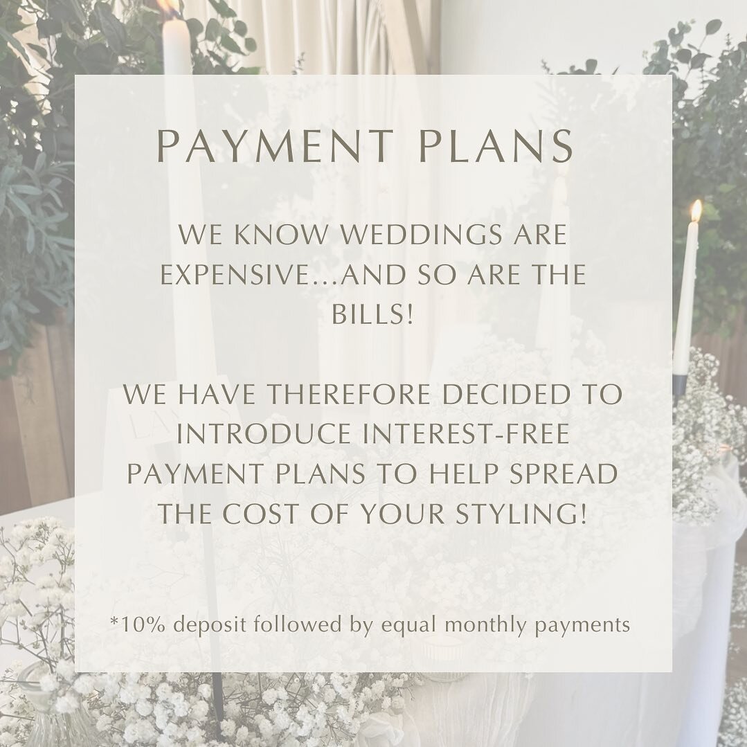 P A Y M E N T  P L A N // Did you know that we offer an affordable way to spread the cost of your styling?! And it&rsquo;s interest free!!

We simply split your total into equal monthly payments, to finish 1 month before your wedding! 

What do you t