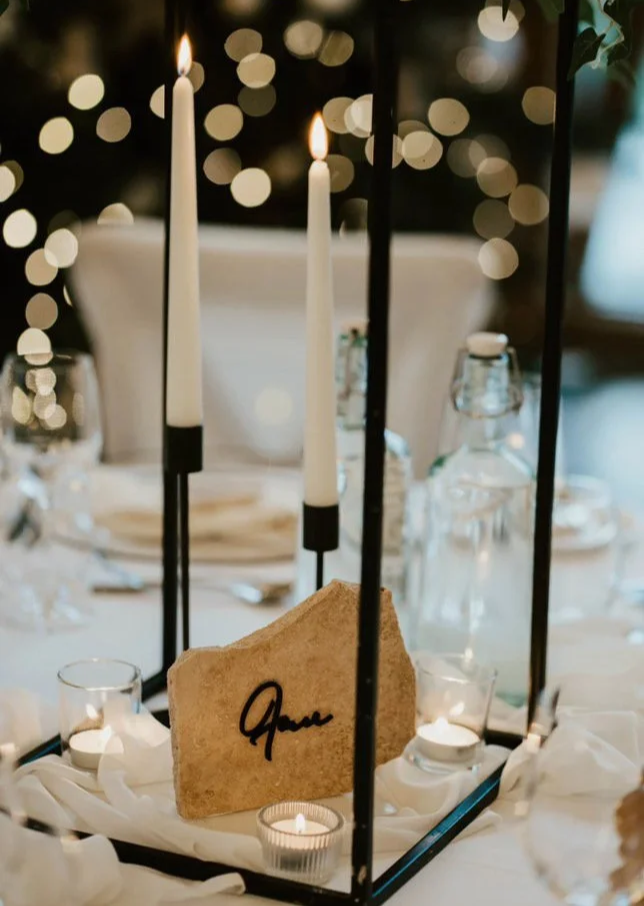 Wedding Stone table number decor and prop hire centrepiece
