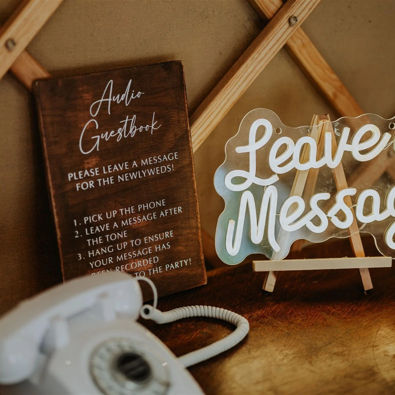 Wedding audio guest book phone prop hire and decor with neon Sign