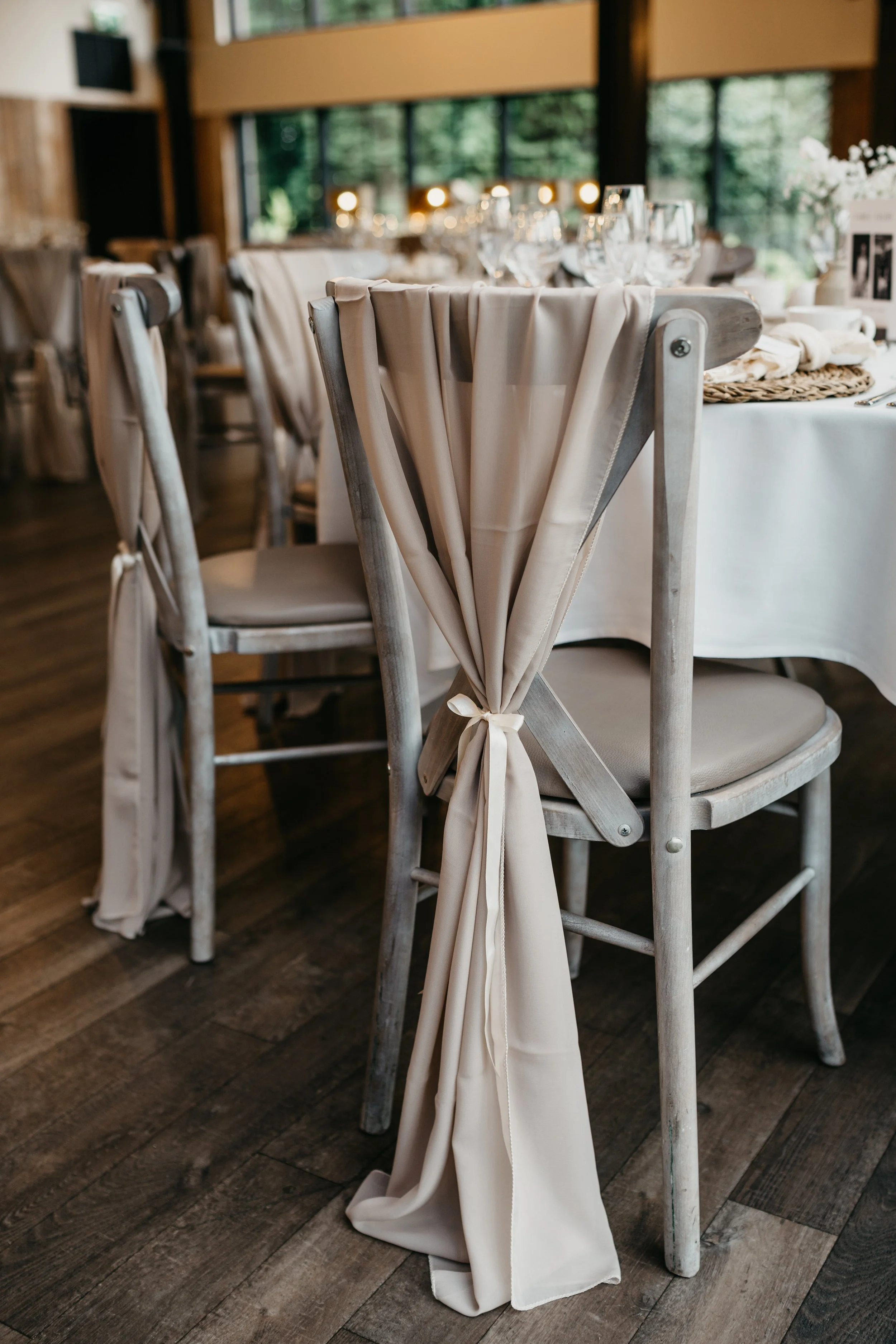 Wedding breakfast room Styling with chair drape In Staffordshire