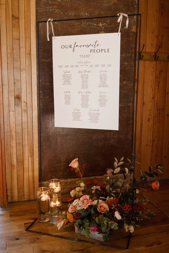 wedding table plan with faux florals in East Midlands
