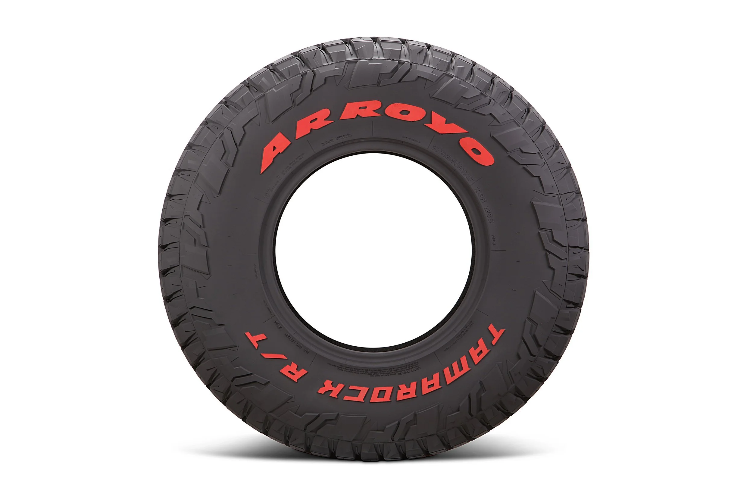 Arroyo Tamarock R/T rugged-terrain tire, sidewall view on white background with soft shadow
