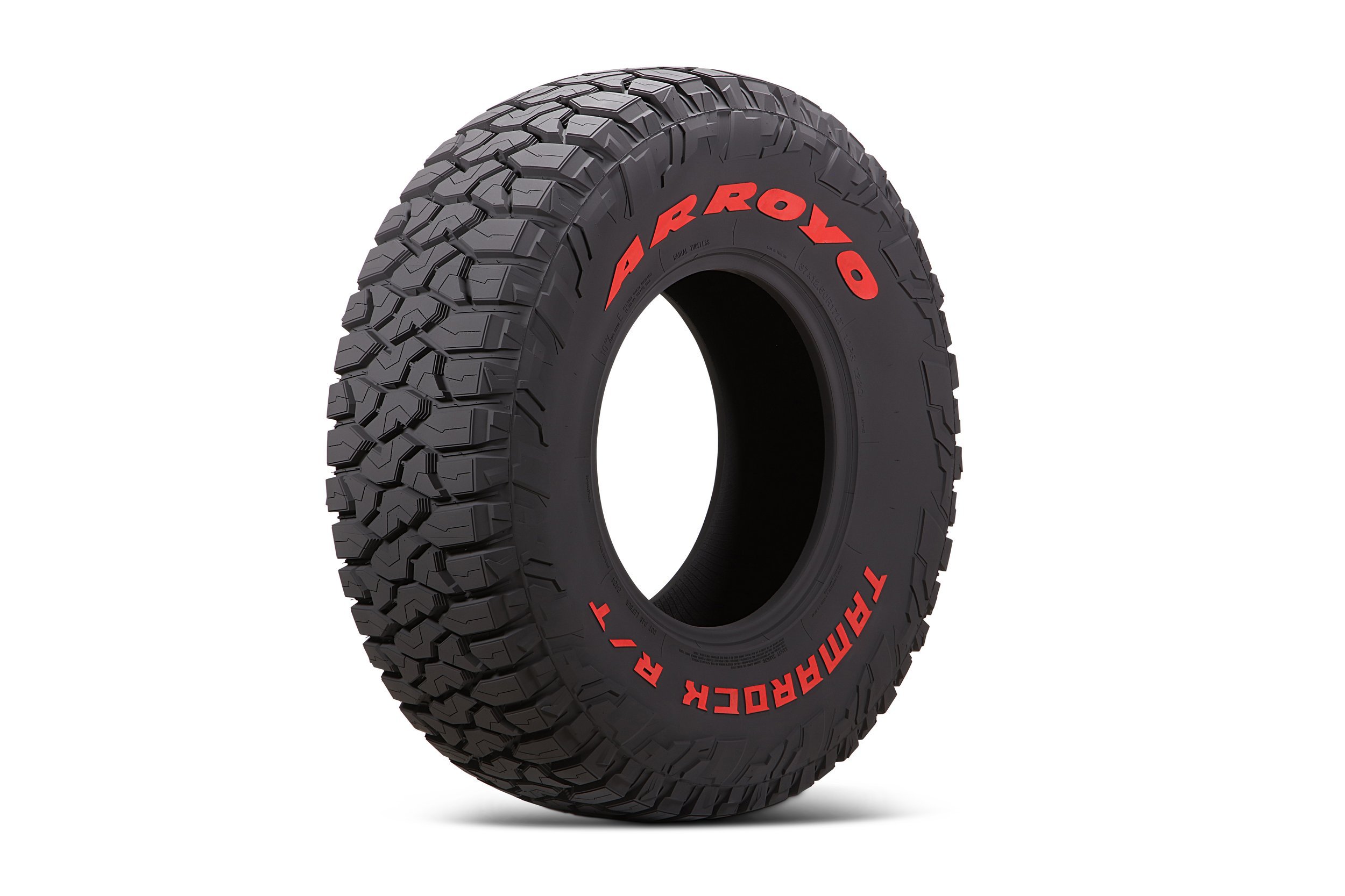 Arroyo Tamarock R/T tire, three-quarter view showing sidewall and tread blocks, white background