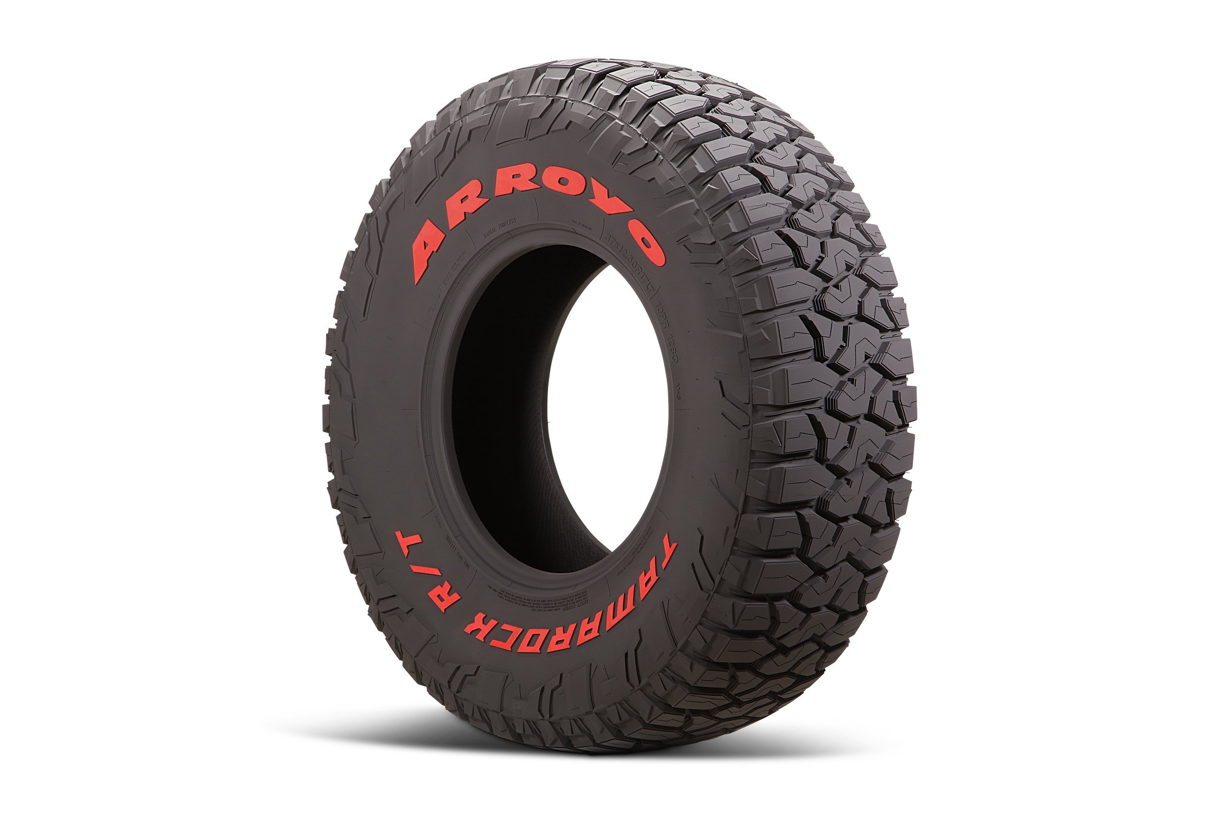 Arroyo Tamarock R/T tire, opposite sidewall lettering, product photo with shadow