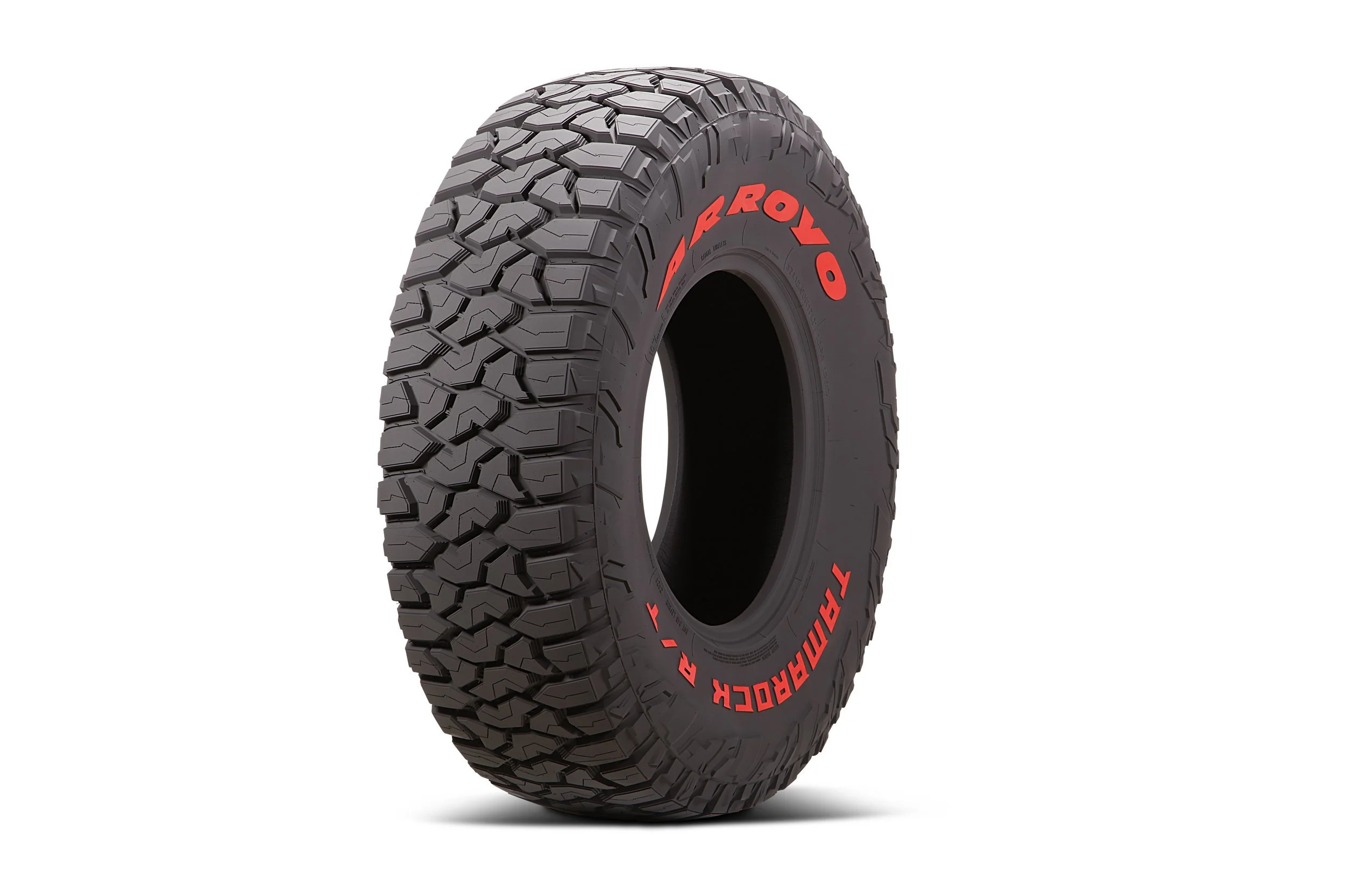 Arroyo Tamarock R/T off-road tire, three-quarter angle on white with natural ground shadow
